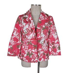 Kasper Sportswear Blazer Size 8P Pink Floral 3/4 Slit Cuffs Flap Pockets Cotton